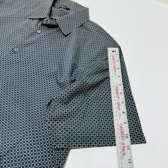 Theory Shirt Size L Navy Blue White Geometric Print Short Sleeve Button Up - Picture 6 of 7